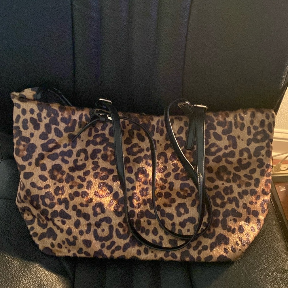 Love Couture Leopard 🐆 Hair pleather Shoulder Bag Tote with Clasp Closure